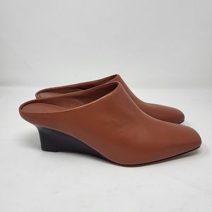 Vince Women's Benita Mules Tan Leather Square Toe Slip On Clog Wedge Shoes‎ 8.5